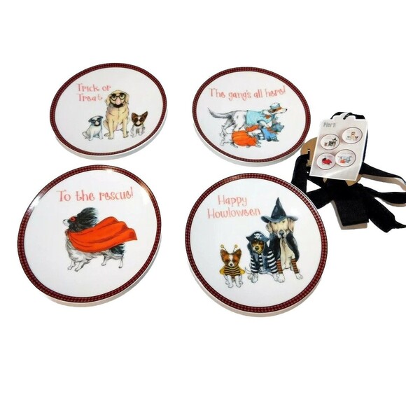 Pier 1 Halloween Dogs in Costumes Lab / Golden + Set of 4 Appetizer Plates New - Picture 1 of 5